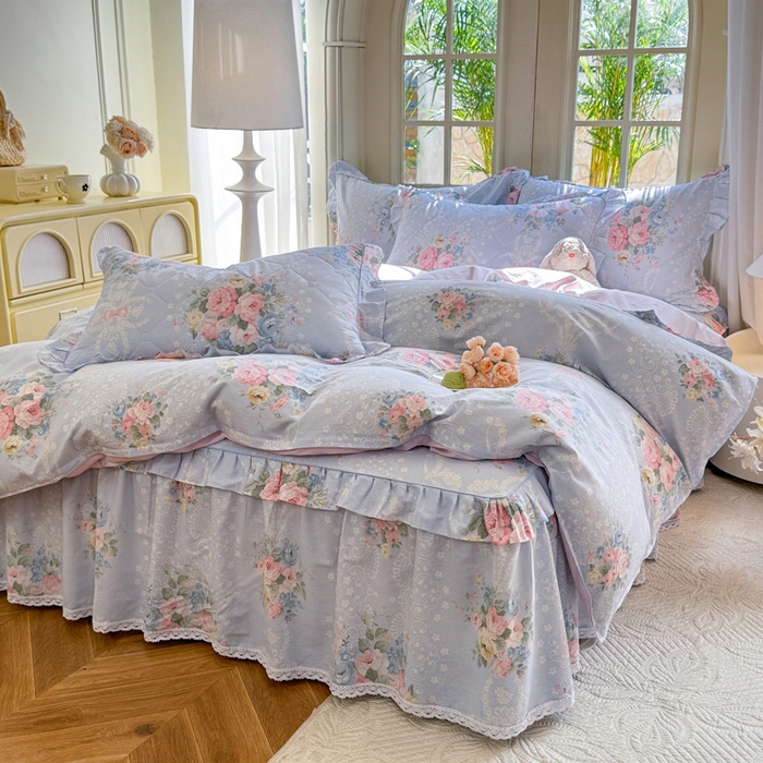 91家纺网 家纺一手货源 找家纺 美达家纺2025全棉蕾丝小花边夹棉床裙四件套 轻柔漫漫