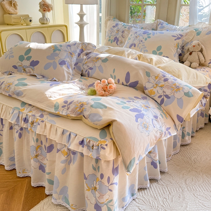 91家纺网 家纺一手货源 找家纺 美达家纺2025全棉蕾丝小花边夹棉床裙四件套 如梦花季