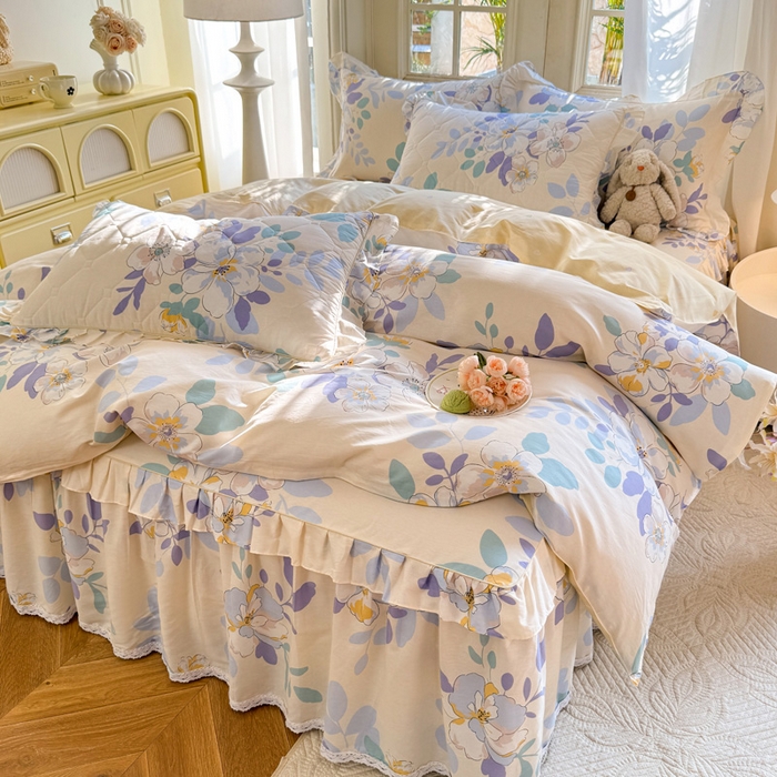 91家纺网 家纺一手货源 找家纺 美达家纺2025全棉蕾丝小花边夹棉床裙四件套 如梦花季