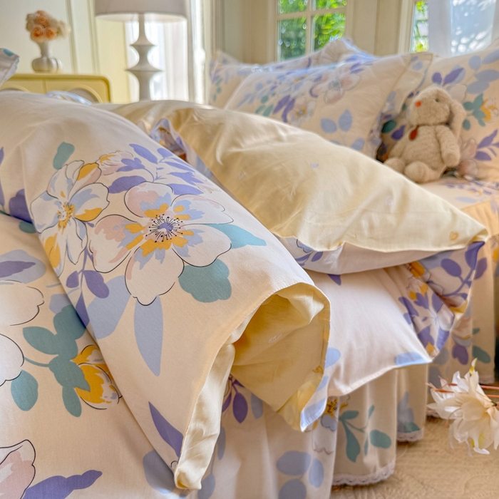 91家纺网 家纺一手货源 找家纺 美达家纺2025全棉蕾丝小花边夹棉床裙四件套 如梦花季