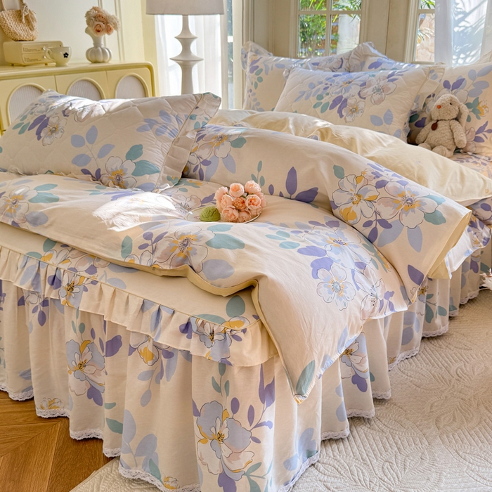 91家纺网 家纺一手货源 找家纺 美达家纺2025全棉蕾丝小花边夹棉床裙四件套 如梦花季