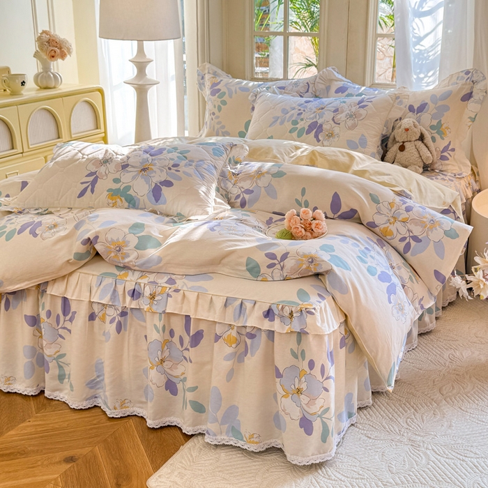 91家纺网 家纺一手货源 找家纺 美达家纺2025全棉蕾丝小花边夹棉床裙四件套 如梦花季