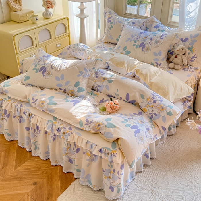 91家纺网 家纺一手货源 找家纺 美达家纺2025全棉蕾丝小花边夹棉床裙四件套 如梦花季