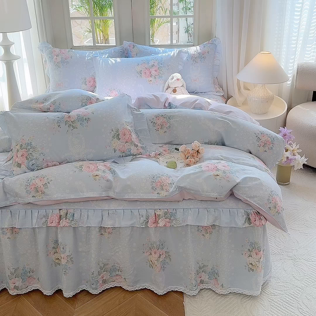 91家纺网 家纺一手货源 找家纺 美达家纺2025全棉蕾丝小花边夹棉床裙四件套 洛琳-兰