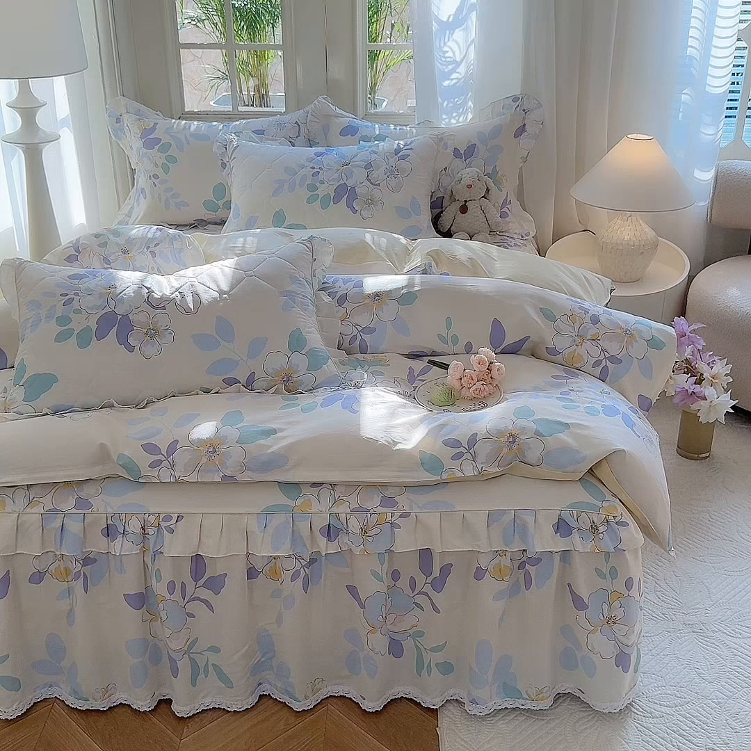 91家纺网 家纺一手货源 找家纺 美达家纺2025全棉蕾丝小花边夹棉床裙四件套 瑶芳