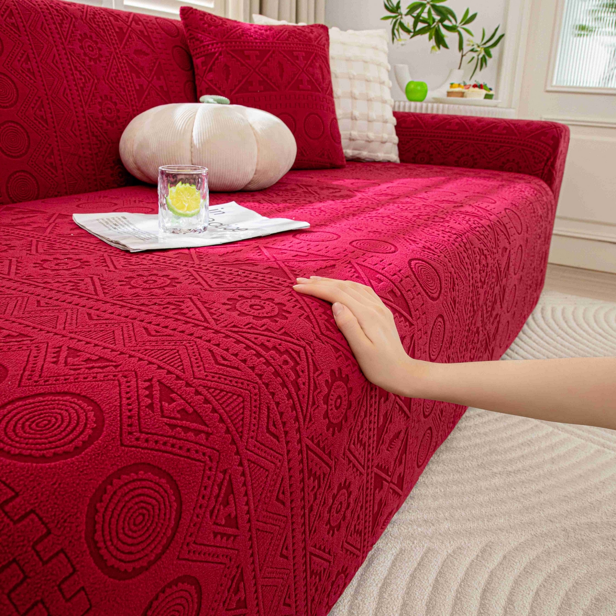 91家纺网 家纺一手货源 找家纺 沐沐家纺 2026新款波西米亚沙发套 红色