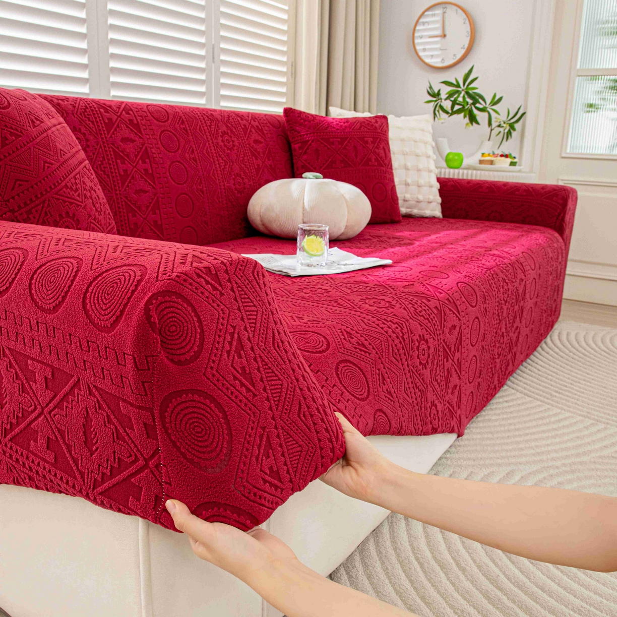 91家纺网 家纺一手货源 找家纺 沐沐家纺 2026新款波西米亚沙发套 红色