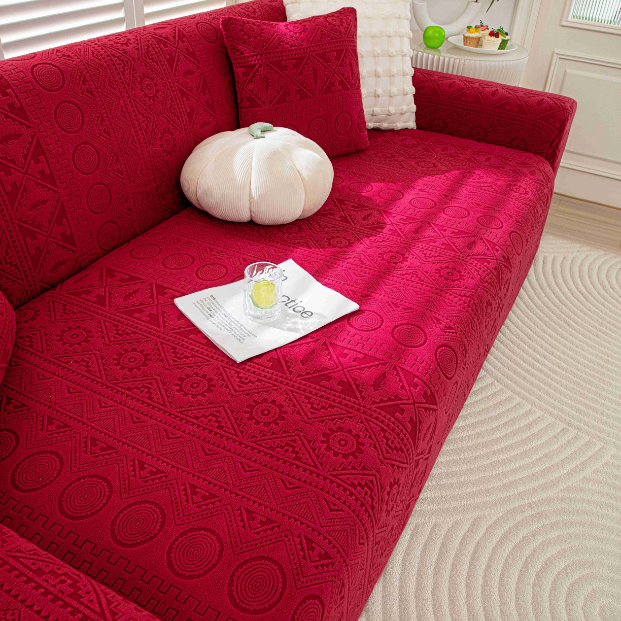 91家纺网 家纺一手货源 找家纺 沐沐家纺 2026新款波西米亚沙发套 红色