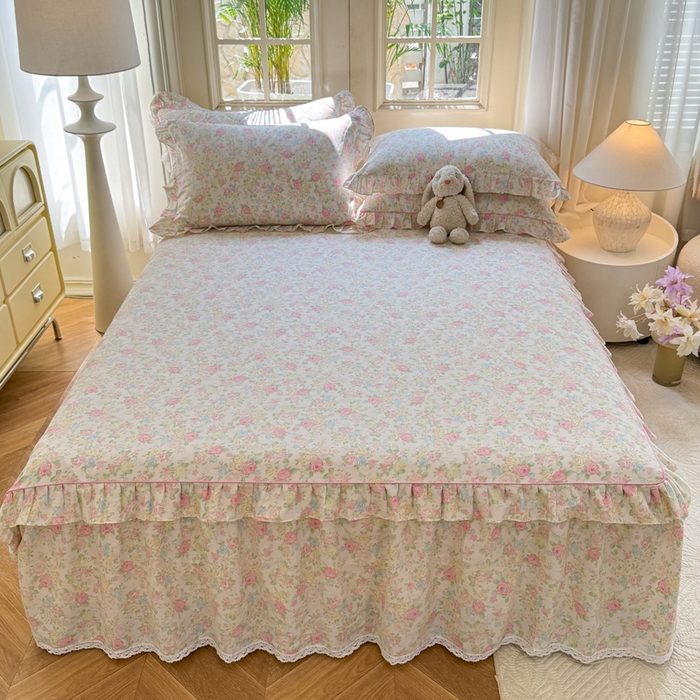 美达家纺 2025新款全棉纯棉蕾丝小花边单层床裙单品床裙床裙单件 嫣然花期-粉