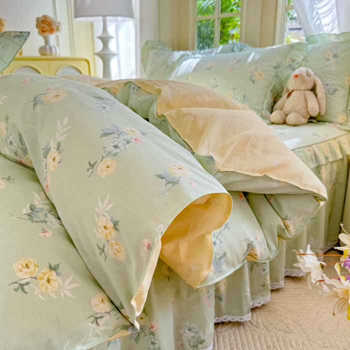 美达家纺 2025新款全棉纯棉蕾丝小花边单层床裙四件套 千羽花信