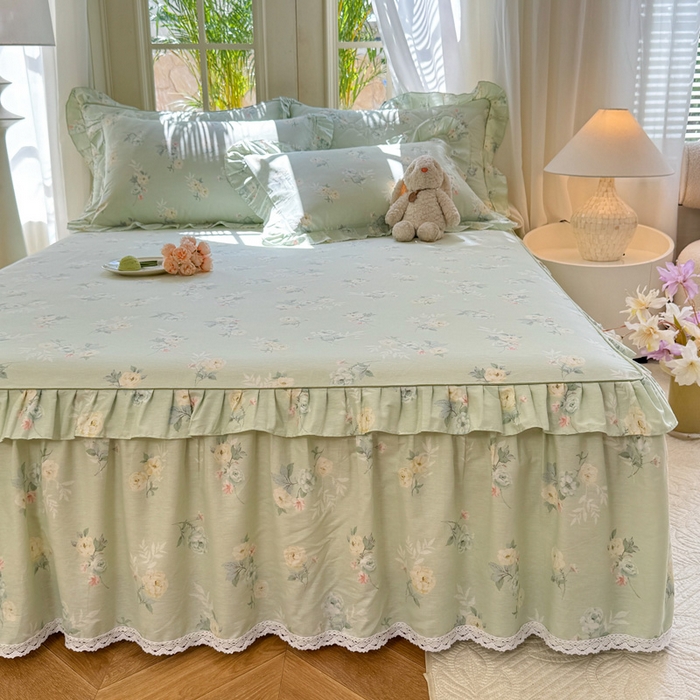 91家纺网 家纺一手货源 找家纺 美达家纺 2025新款全棉纯棉蕾丝小花边单层床裙四件套 千羽花信