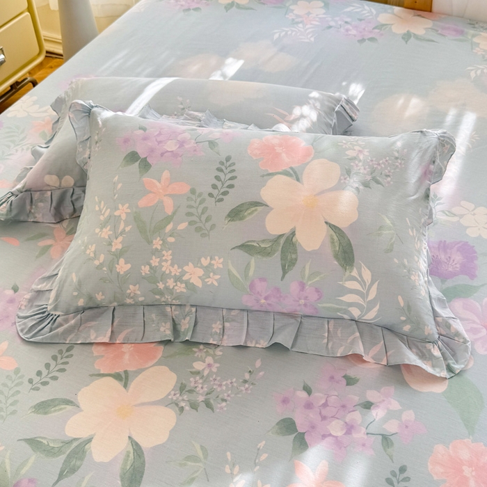 91家纺网 家纺一手货源 找家纺 美达家纺 2025新款全棉纯棉蕾丝小花边单层床裙四件套 清风烟雨