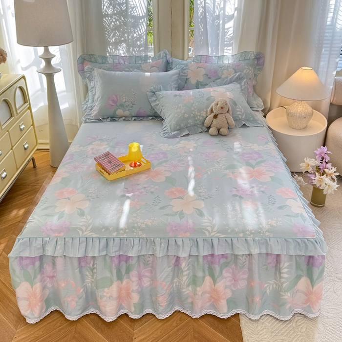 91家纺网 家纺一手货源 找家纺 美达家纺 2025新款全棉纯棉蕾丝小花边单层床裙四件套 清风烟雨