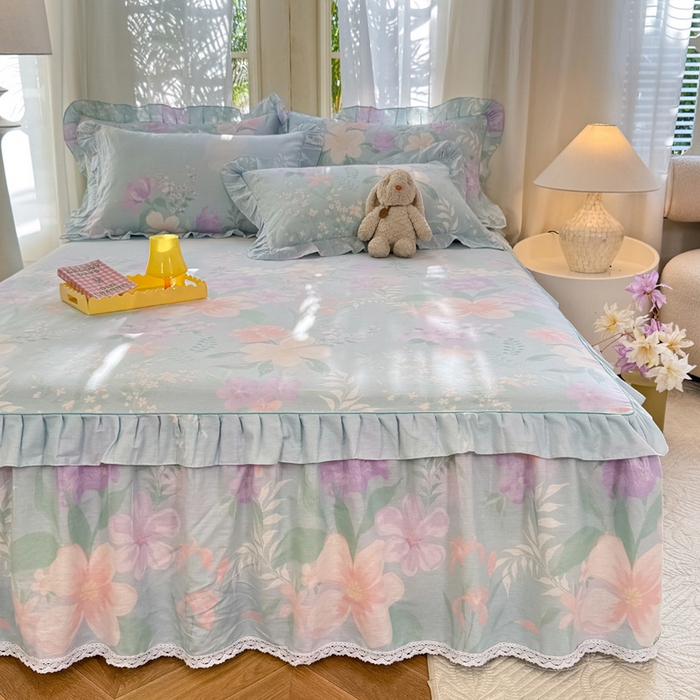 91家纺网 家纺一手货源 找家纺 美达家纺 2025新款全棉纯棉蕾丝小花边单层床裙四件套 清风烟雨