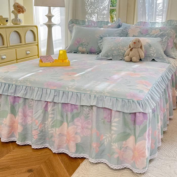 91家纺网 家纺一手货源 找家纺 美达家纺 2025新款全棉纯棉蕾丝小花边单层床裙四件套 清风烟雨