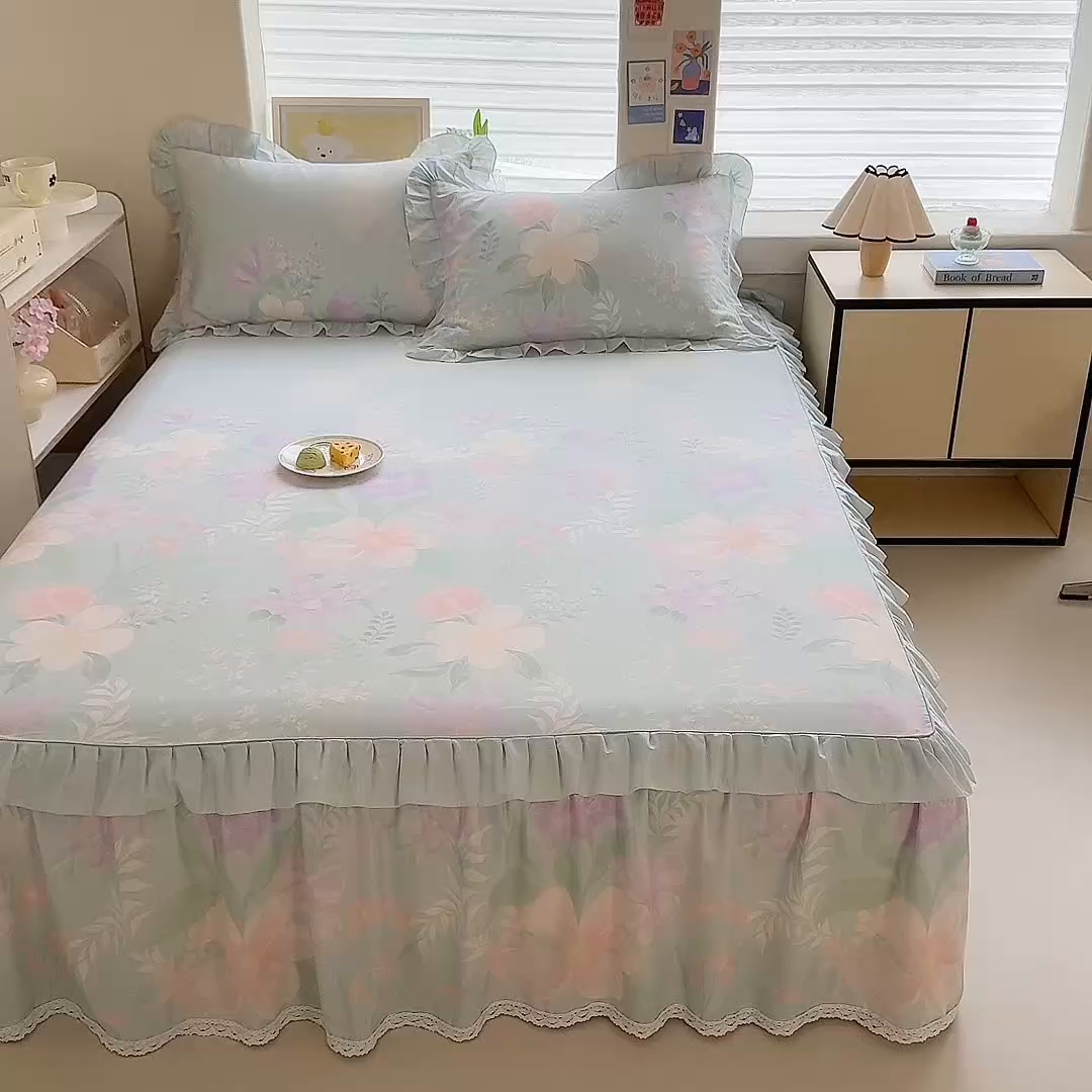 91家纺网 家纺一手货源 找家纺 美达家纺 2025新款全棉纯棉蕾丝小花边单层床裙四件套 清风烟雨