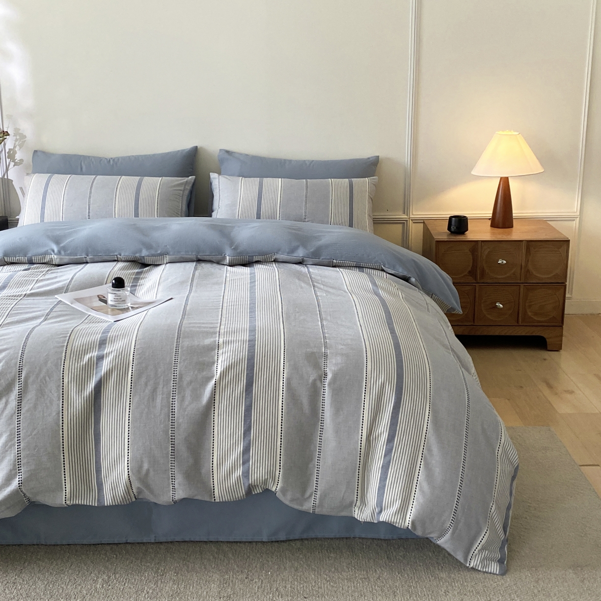 91家纺网 家纺一手货源 找家纺 ab家纺 2025新款全棉色织提花四件套 瑞拉-蓝