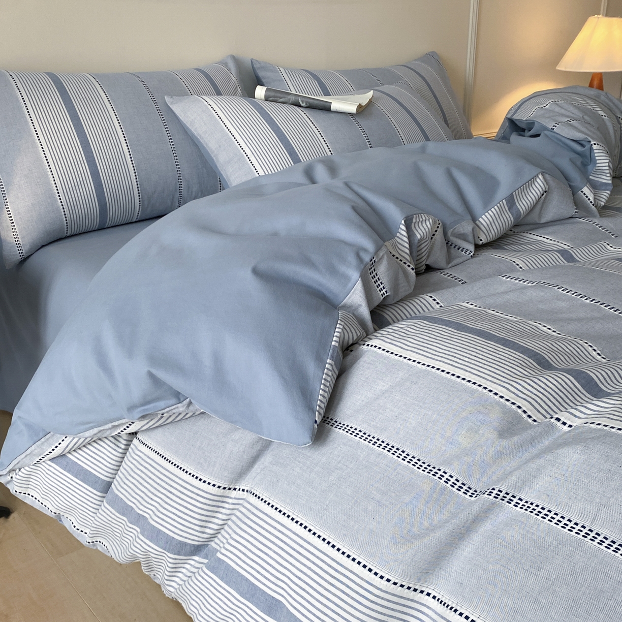 91家纺网 家纺一手货源 找家纺 ab家纺 2025新款全棉色织提花四件套 瑞拉-蓝