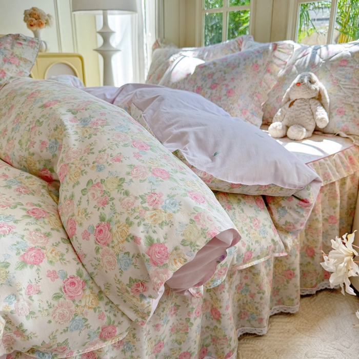 美达家纺 2025新款全棉纯棉蕾丝小花边单层床裙四件套 嫣然花期-粉