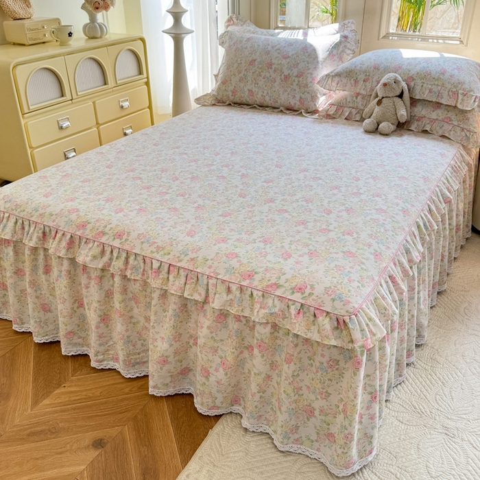 91家纺网 家纺一手货源 找家纺 美达家纺 2025新款全棉纯棉蕾丝小花边单层床裙四件套 嫣然花期-粉