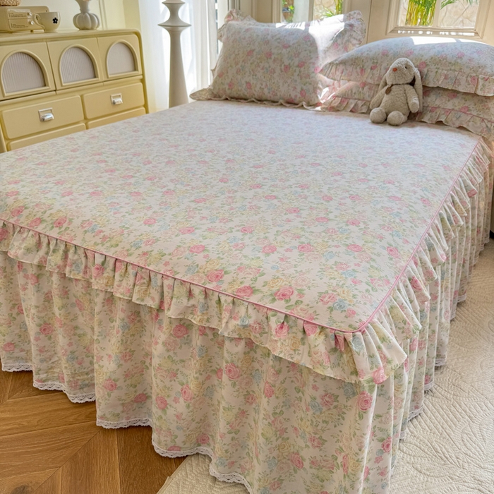 91家纺网 家纺一手货源 找家纺 美达家纺 2025新款全棉纯棉蕾丝小花边单层床裙四件套 嫣然花期-粉