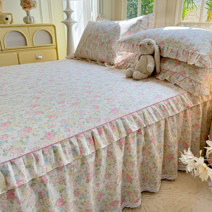 91家纺网 家纺一手货源 找家纺 美达家纺 2025新款全棉纯棉蕾丝小花边单层床裙四件套 嫣然花期-粉