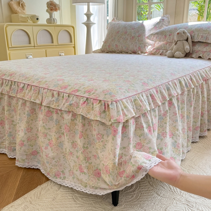 91家纺网 家纺一手货源 找家纺 美达家纺 2025新款全棉纯棉蕾丝小花边单层床裙四件套 嫣然花期-粉