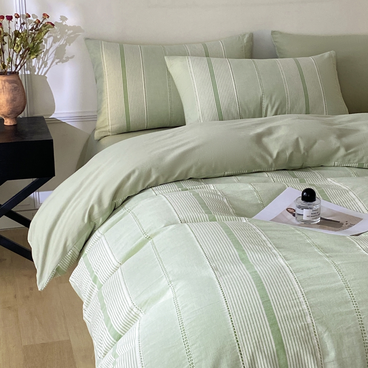 91家纺网 家纺一手货源 找家纺 ab家纺 2025新款全棉色织提花四件套 瑞拉-绿