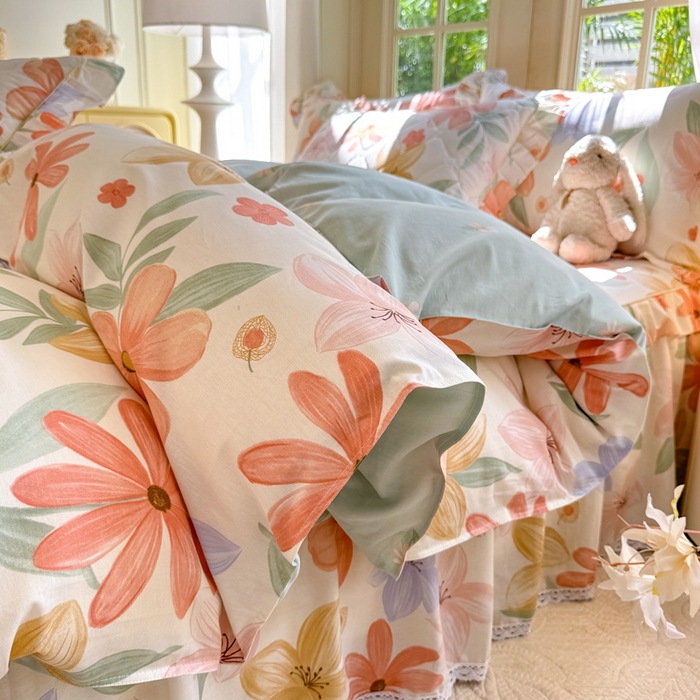 美达家纺 2025新款全棉纯棉蕾丝小花边单层床裙四件套 云裳花谷