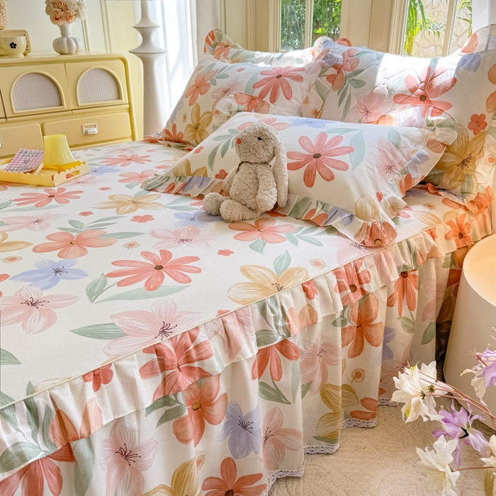 91家纺网 家纺一手货源 找家纺 美达家纺 2025新款全棉纯棉蕾丝小花边单层床裙四件套 云裳花谷