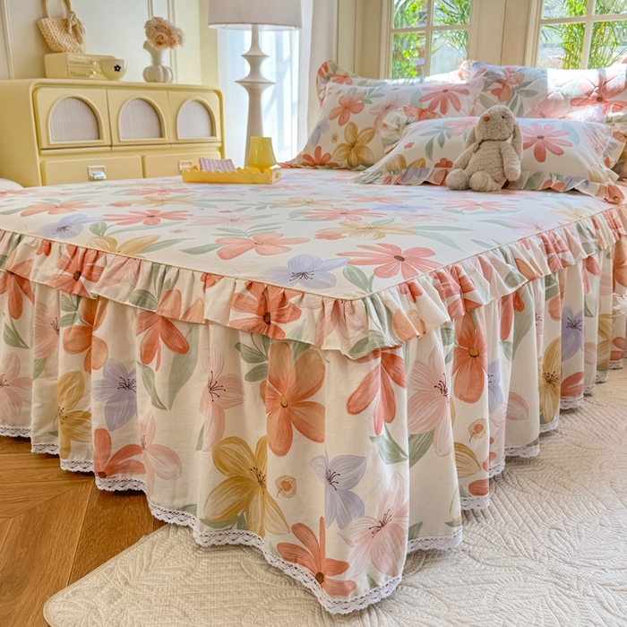 91家纺网 家纺一手货源 找家纺 美达家纺 2025新款全棉纯棉蕾丝小花边单层床裙四件套 云裳花谷