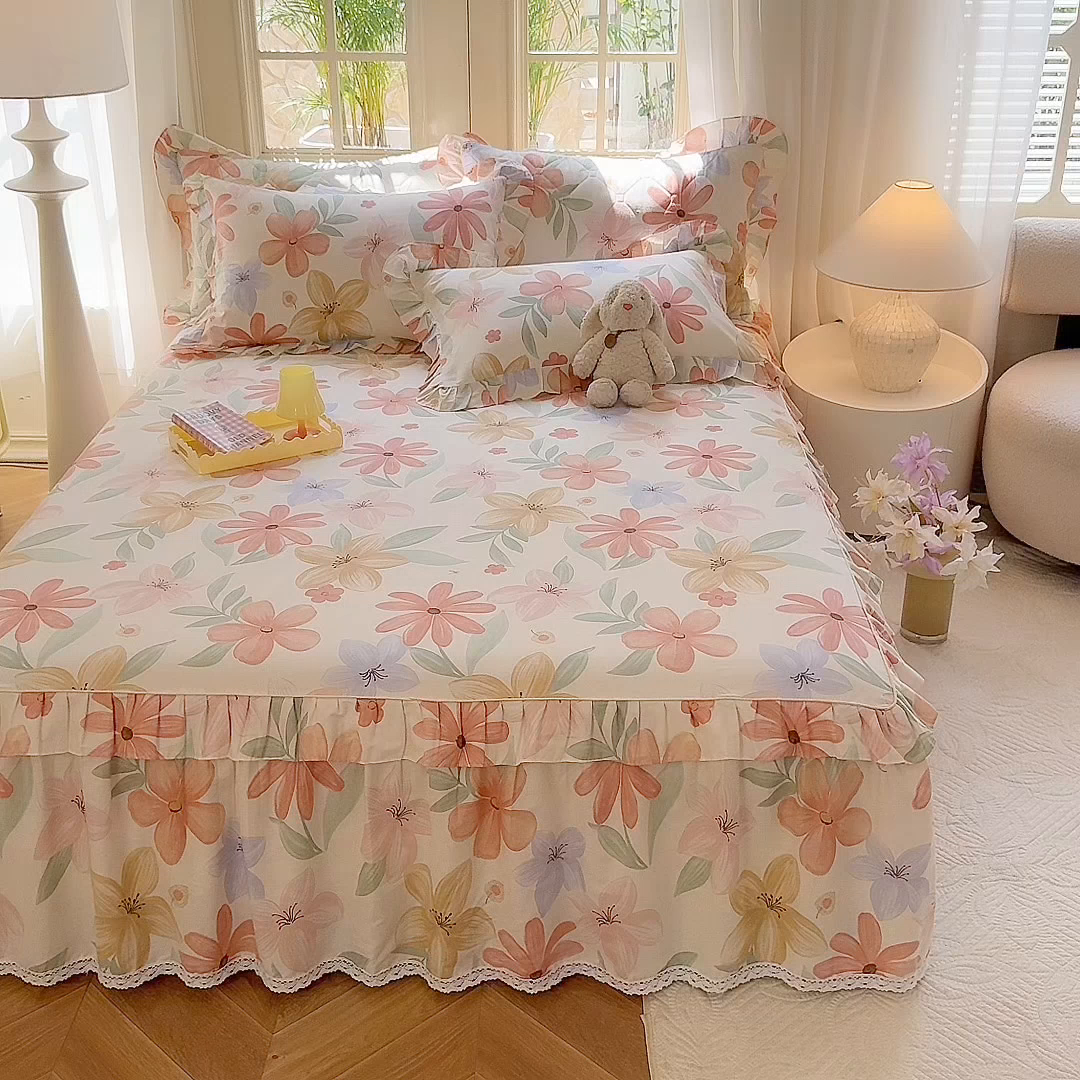 91家纺网 家纺一手货源 找家纺 美达家纺 2025新款全棉纯棉蕾丝小花边单层床裙四件套 云裳花谷