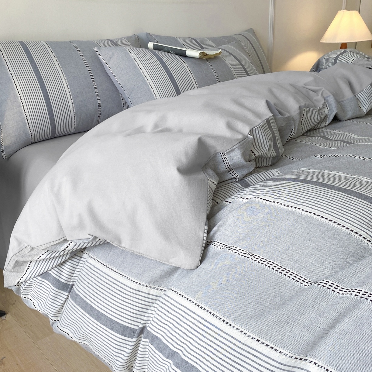 91家纺网 家纺一手货源 找家纺 ab家纺 2025新款全棉色织提花四件套 瑞拉-深灰