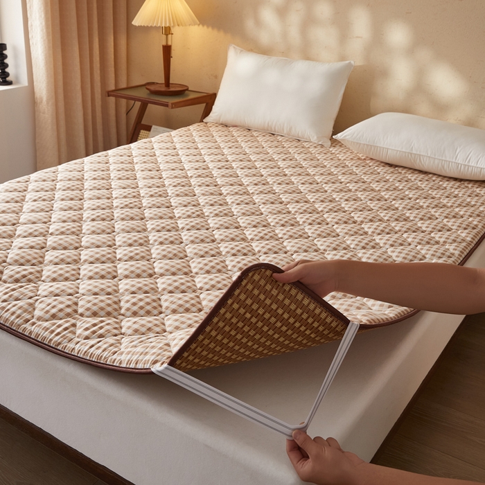 91家纺网 家纺一手货源 找家纺 迪乐妮 2025新款双面可用 冰藤夹棉床褥-大床款 冰藤床褥—咖小格（玉米粒）