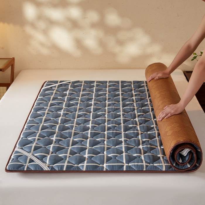 91家纺网 家纺一手货源 找家纺 卡派 2025新款双面可用 冰藤夹棉床褥-大床款 冰藤床褥—蓝大格（九宫格）