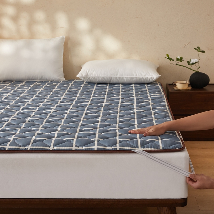 91家纺网 家纺一手货源 找家纺 卡派 2025新款双面可用 冰藤夹棉床褥-大床款 冰藤床褥—蓝大格（玉米粒）