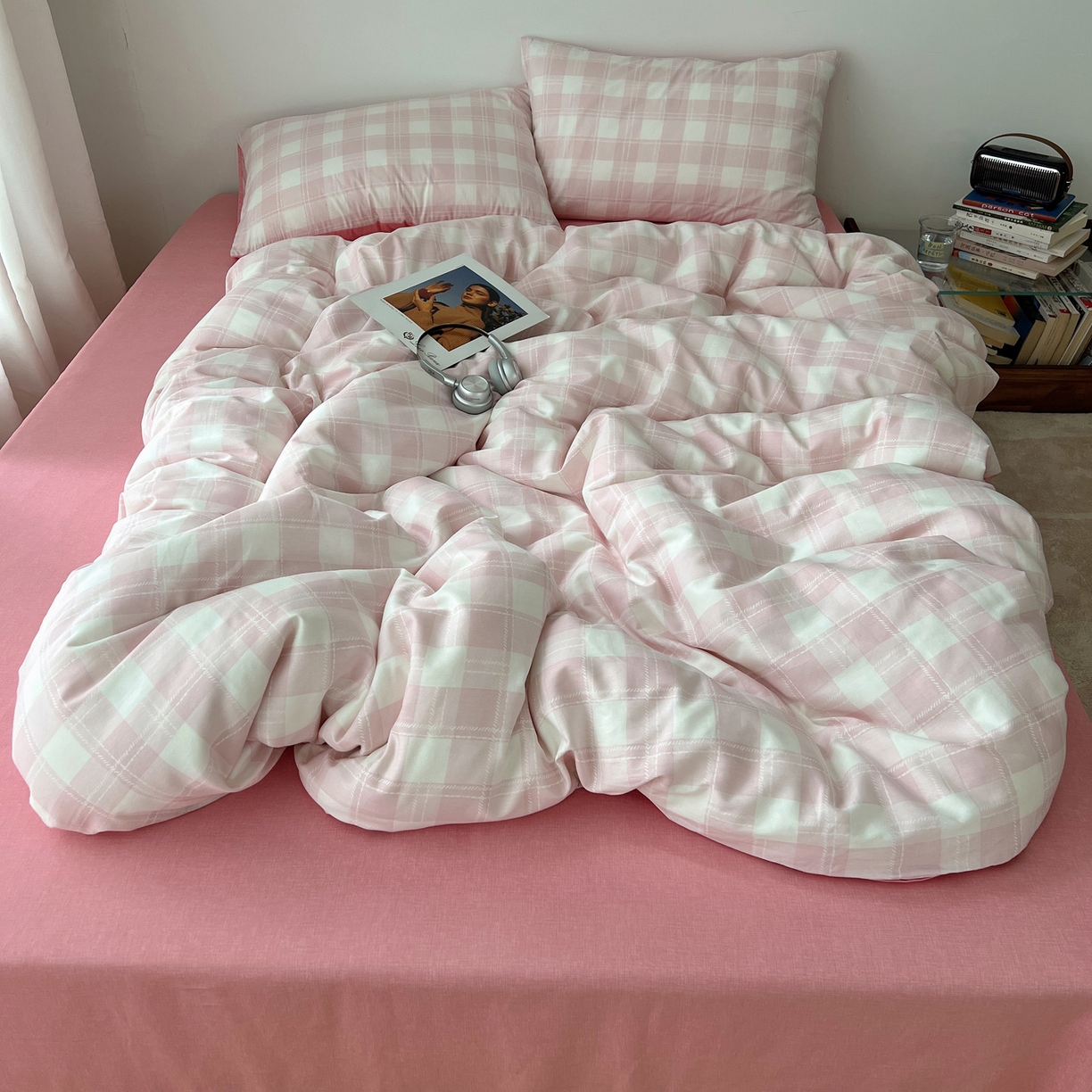 91家纺网 家纺一手货源 找家纺 雅居纺家纺 2025春夏新款全棉纯棉印花四件套 粉大格