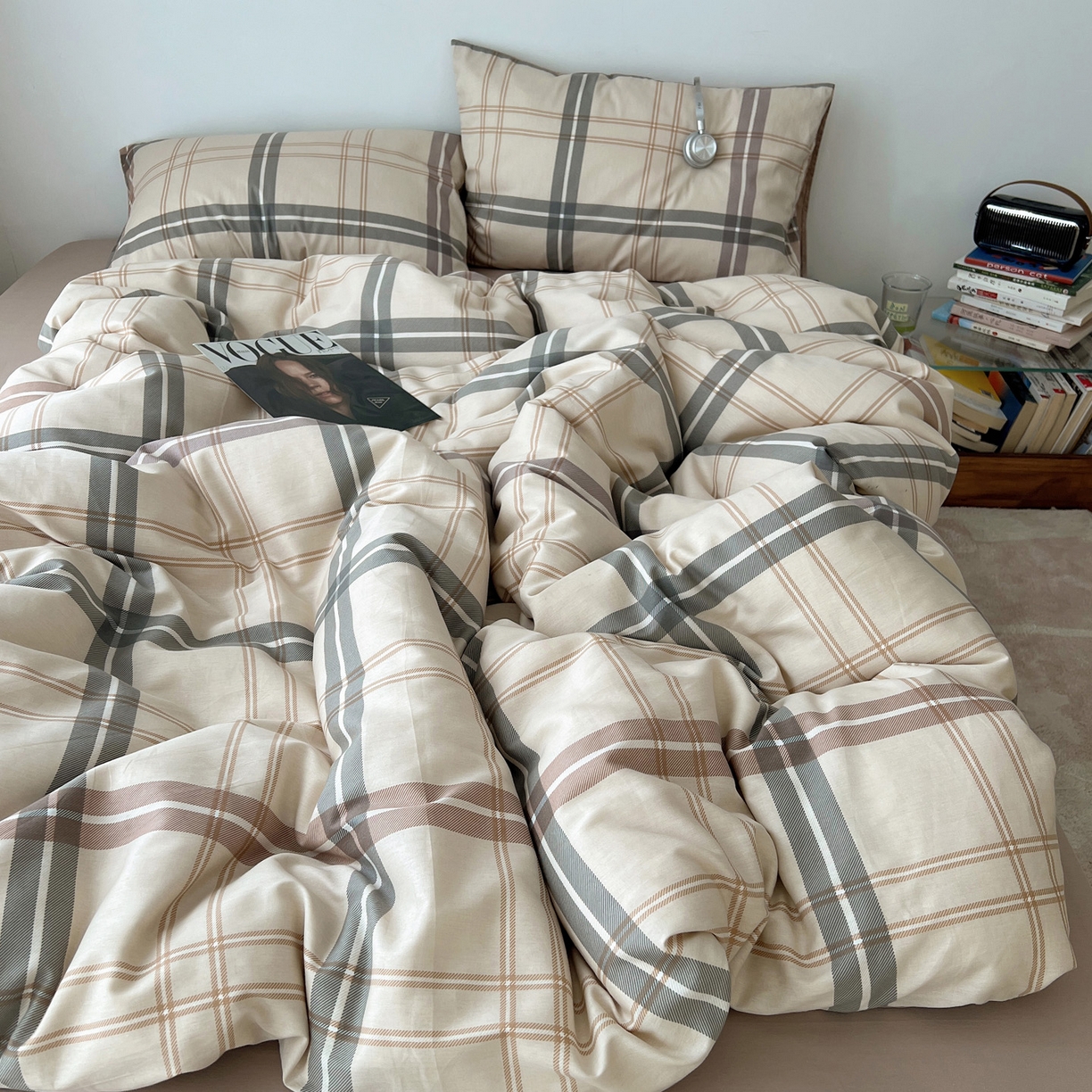 雅居纺家纺 2025春夏新款全棉纯棉印花四件套 复古卡其格