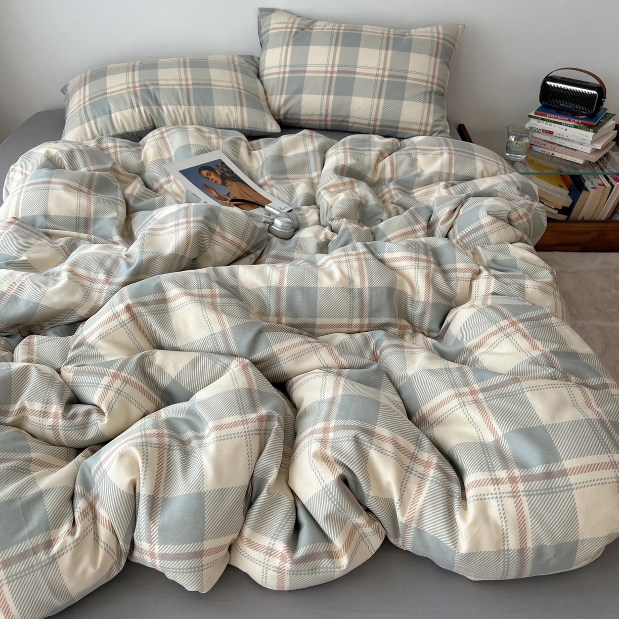 雅居纺家纺 2025春夏新款全棉纯棉印花四件套 复古蓝灰格