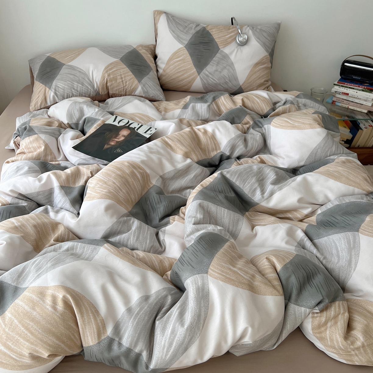 雅居纺家纺 2025春夏新款全棉纯棉印花四件套 菱形卡其