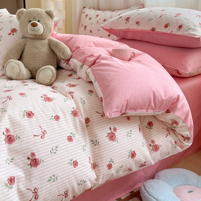 91家纺网 家纺一手货源 找家纺 雅居纺家纺 2025春夏新款全棉纯棉印花四件套 粉色烂漫