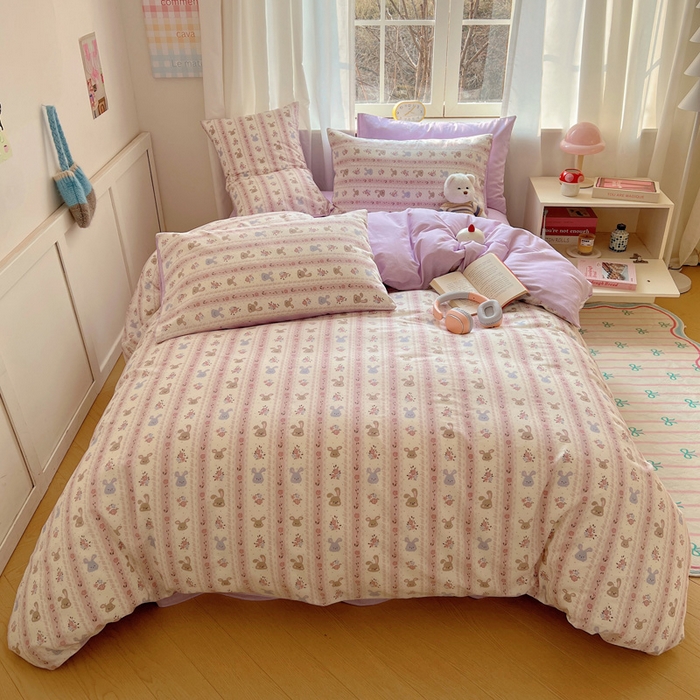 雅居纺家纺 2025春夏新款全棉纯棉印花四件套 花园萌兔