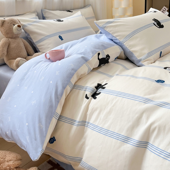 91家纺网 家纺一手货源 找家纺 雅居纺家纺 2025春夏新款全棉纯棉印花四件套 可爱小猫