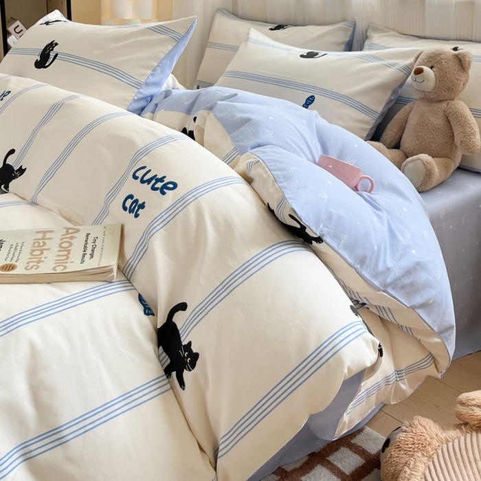 91家纺网 家纺一手货源 找家纺 雅居纺家纺 2025春夏新款全棉纯棉印花四件套 可爱小猫