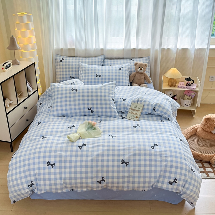 雅居纺家纺 2025春夏新款全棉纯棉印花四件套 蓝格子蝴蝶结