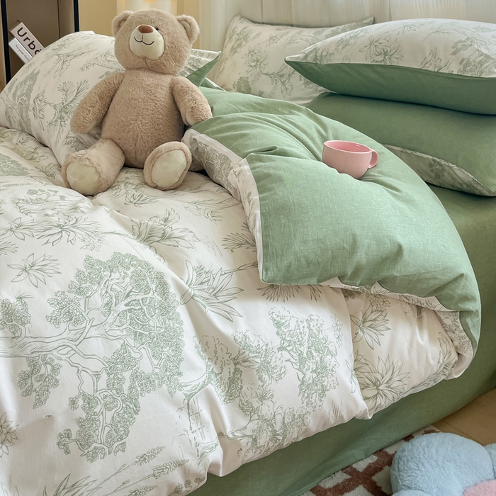 91家纺网 家纺一手货源 找家纺 雅居纺家纺 2025春夏新款全棉纯棉印花四件套 奇遇森林