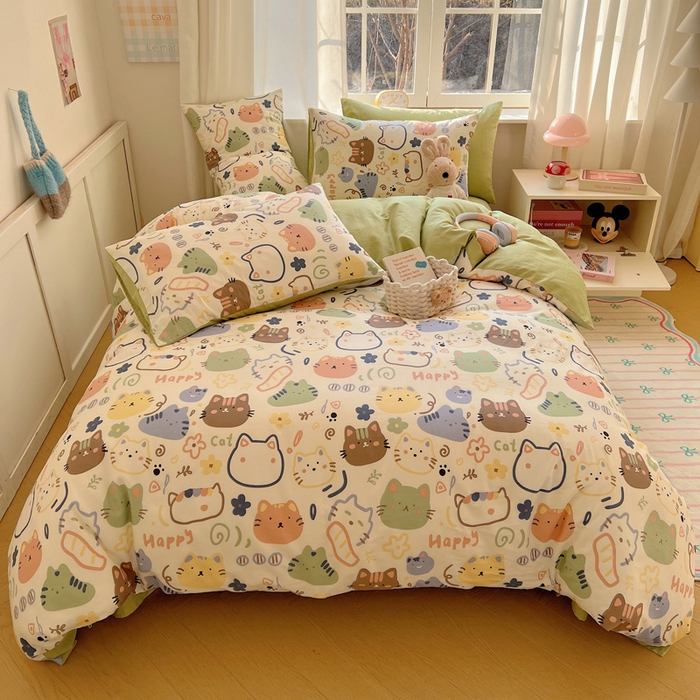 雅居纺家纺 2025春夏新款全棉纯棉印花四件套 趣多猫