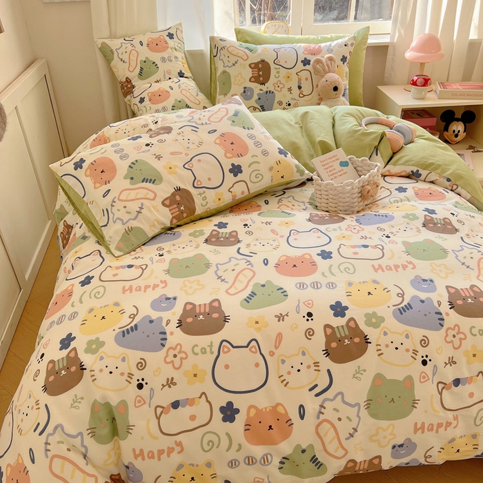 91家纺网 家纺一手货源 找家纺 雅居纺家纺 2025春夏新款全棉纯棉印花四件套 趣多猫