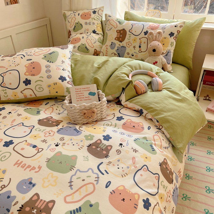 91家纺网 家纺一手货源 找家纺 雅居纺家纺 2025春夏新款全棉纯棉印花四件套 趣多猫