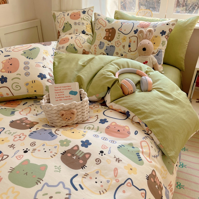 91家纺网 家纺一手货源 找家纺 雅居纺家纺 2025春夏新款全棉纯棉印花四件套 趣多猫